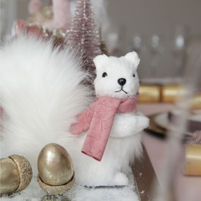 White Squirrel with Bushy Tail and Pink Scarf