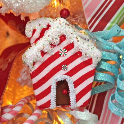 Red and White Striped Velvet Christmas House Tree Decoration