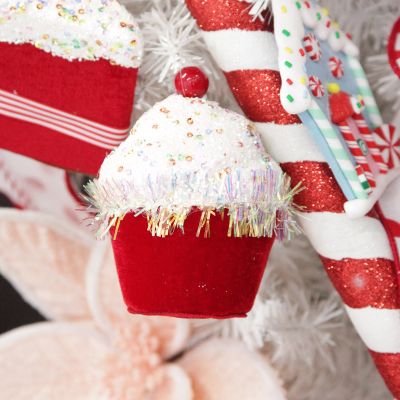 Red Cupcake with Frosting and Sprinkles Christmas Tree Decoration
