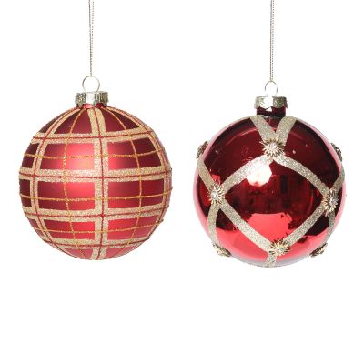Traditional Red & Gold Decorative Glass Christmas Baubles - Set of 2 