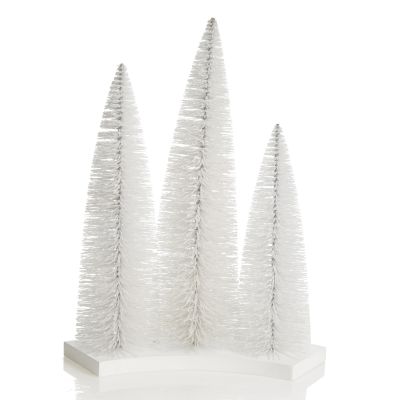 Trio of White Table Top Christmas Trees on Wooden Base