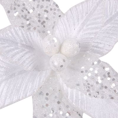 White & Silver Sequin Poinsettia Flower Clip