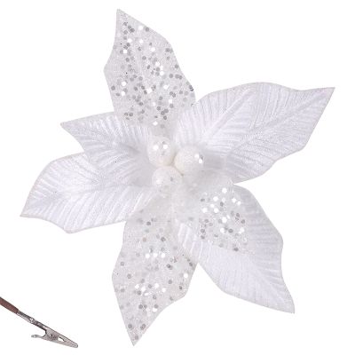 White & Silver Sequin Poinsettia Flower Clip