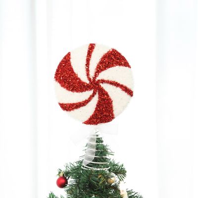 Red and White Tinsel Peppermint Swirl Tree Topper