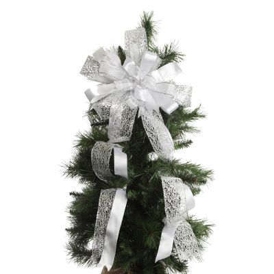 White and Silver Glitter Deluxe Tree Topper Bow with Streamers