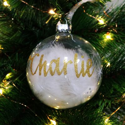 Personalised White Feather Clear Glass Christmas Bauble