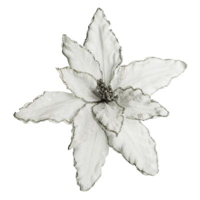 White Poinsettia Flower Pick with Silver Glitter Trim
