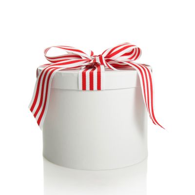Personalised White Round Gift Box with Candy Cane Ribbon Bow