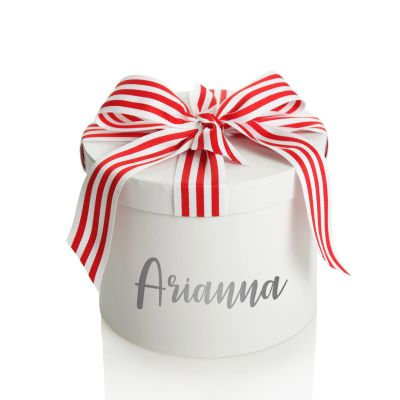 Personalised White Round Gift Box with Candy Cane Ribbon Bow