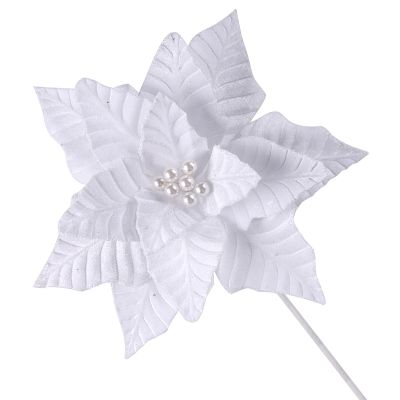 White Velvet Poinsettia Flower Stem With Pearl Centre