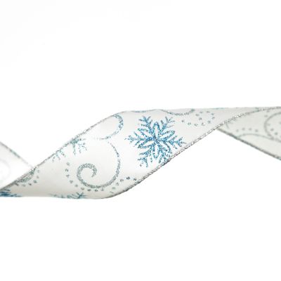 White Wired Christmas Ribbon with Blue and Silver Glitter Snowflakes - 3.8cm