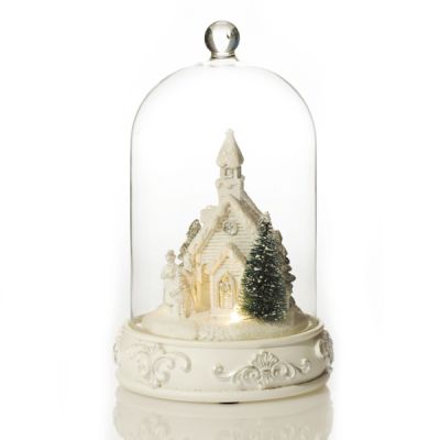 White Church in Glass Cloche Lightup Ornament