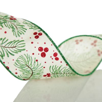 Wide White with Green Fir and Red Berry Ribbon