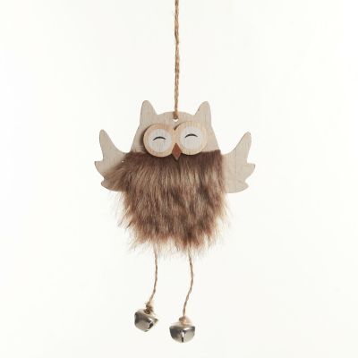 Wood Brown Owl with Closed Eyes Tree Decorations with Fur & Bells 