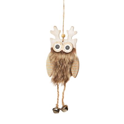 Brown Wood Owl Tree Decorations with Fur & Bells 