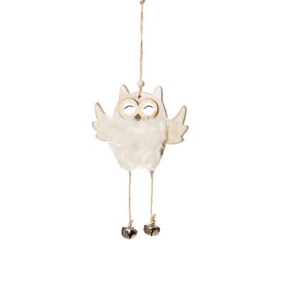 Wood White Owl with Closed Eyes Tree Decorations with Fur & Bells 