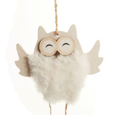 Wood White Owl with Closed Eyes Tree Decorations with Fur & Bells 