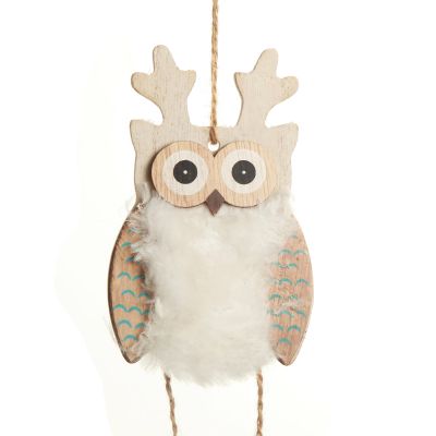 White Wood Owl Tree Decorations with Fur & Bells 