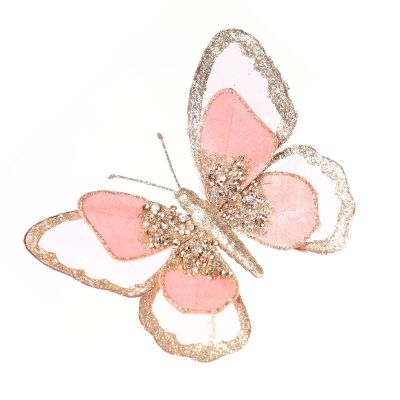 Pink Mesh Butterfly Clip With Gold Glitter Trim